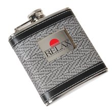 3 5/8 x 4 6 oz Stainless Steel Flask with Black and White Herringbone Center and a Black Leatherette Trim