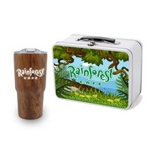 Retro Lunchbox + Contoured 20 oz Wood Tone Stainless Steel Tumbler In Vacuum Formed Insert